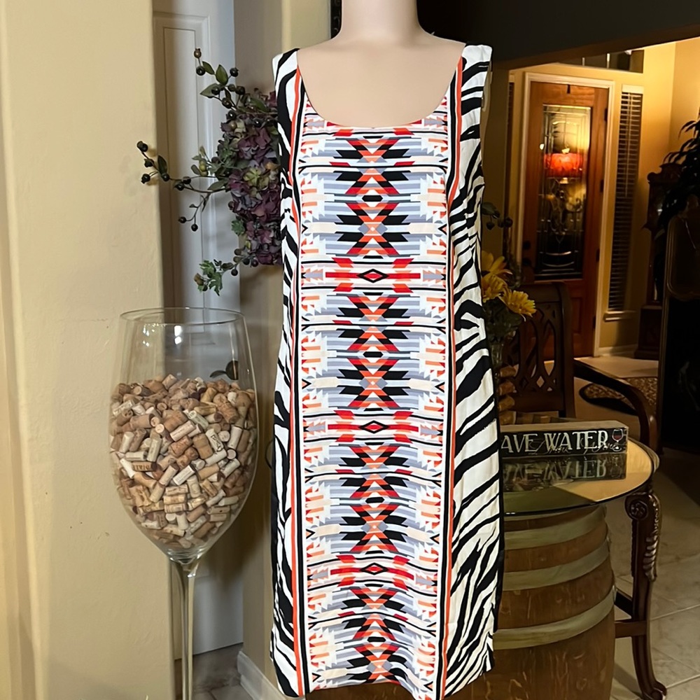 Vince Camuto, sleeveless, zebra Mojave Indian print dress